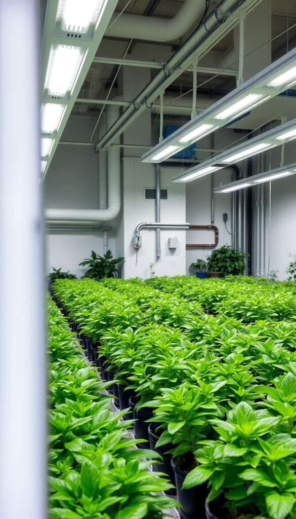 A well-lit, modern indoor garden with a focus on climate control. In the foreground, rows of lush, verdant plants thrive under the glow of energy-efficient LED lighting. The middle ground features a mix of potted greenery and hydroponic systems, carefully arranged to optimize airflow and temperature. In the background, an advanced climate control system with sensors and vents blends seamlessly into the architectural design, maintaining the ideal humidity, temperature, and CO2 levels for the thriving indoor ecosystem. The overall scene conveys a sense of harmony between nature and technology, showcasing how carefully engineered indoor gardens can sustainably integrate plant life into structural design.