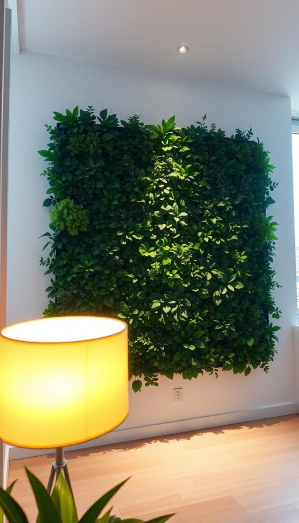 A well-lit, modern indoor green wall in a cozy city apartment. Soft, diffused natural lighting streaming in through large windows, creating a serene, calming atmosphere. Carefully positioned LED spotlights gently illuminating the lush foliage, bringing out the vibrant greens and textures. Warm, inviting lighting from a floor lamp in the foreground, casting a warm glow. The wall is the focal point, positioned against a plain, minimalist backdrop that allows the greenery to shine. The camera angle is slightly elevated, giving a sense of depth and emphasizing the vertical nature of the green wall. Overall, a harmonious blend of natural and artificial lighting that showcases the beauty and tranquility of the indoor green oasis.