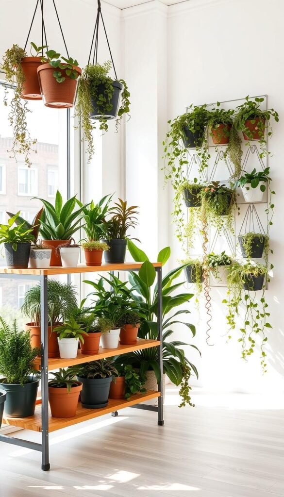 A well-lit, modern indoor vertical garden system with various potted plants, hanging baskets, and wall-mounted planters. The foreground features a clean, sleek shelving unit made of wood and metal, showcasing an arrangement of succulents, herbs, and leafy greens. The middle ground has a mix of trailing vines, ferns, and compact flowering plants cascading from wall-mounted pockets. The background subtly depicts a bright, airy room with large windows letting in natural light, creating a serene, nature-inspired atmosphere. The overall composition conveys a sense of urban sustainability and space-saving functionality within a budget-friendly, minimalist design.