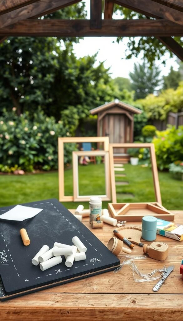 A well-lit outdoor scene featuring an array of materials for creating a DIY chalkboard. In the foreground, a collection of smooth, dark-colored boards, chalk, and chalk holders sit atop a wooden workbench. In the middle ground, a couple of sturdy wooden frames, sandpaper, and painting supplies are neatly arranged. In the background, a lush, green garden setting with a picturesque gazebo or shed provides the perfect backdrop. The lighting is natural and diffused, highlighting the textures and colors of the materials. The overall atmosphere conveys a sense of creativity, functionality, and a love for outdoor learning.