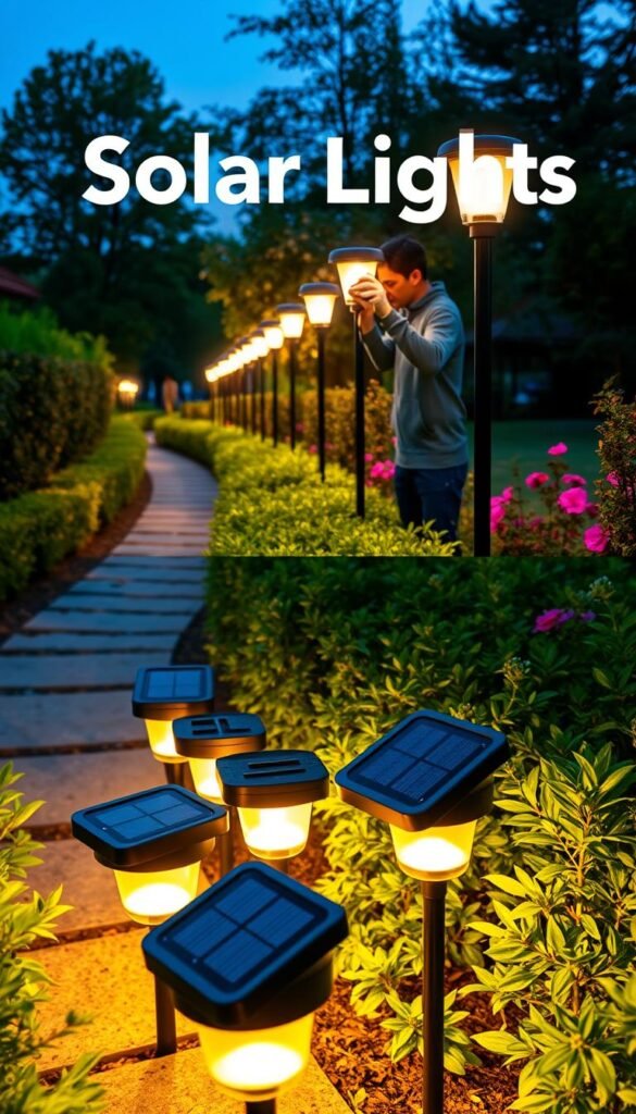 A well-lit outdoor scene featuring solar lights on a garden path, surrounded by lush foliage. The solar lights are positioned at regular intervals, casting a warm, ambient glow. The foreground showcases a group of solar lights, with their panels tilted towards the sky to capture sunlight. The middle ground features a gardener carefully inspecting and cleaning the solar lights, using a soft cloth to wipe the panels. The background depicts a serene garden setting, with trees, bushes, and flowers creating a tranquil atmosphere. The overall scene conveys a sense of maintenance and care, highlighting the importance of properly maintaining solar lights for optimal performance and longevity.
