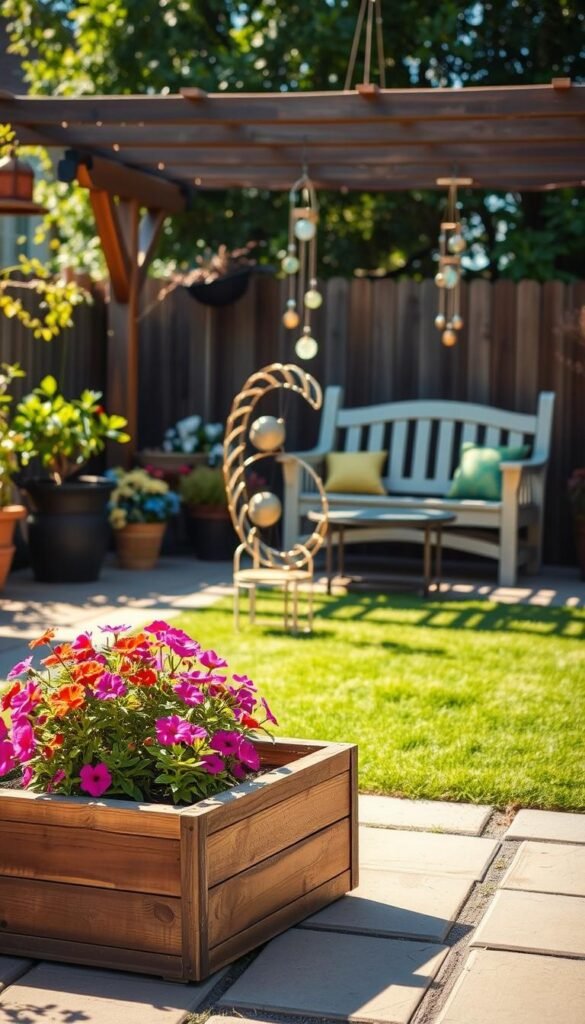A well-lit outdoor setting, showcasing a variety of DIY projects that transform a backyard or patio into a personalized and elevated space. In the foreground, a handcrafted wooden planter box overflows with vibrant flowers, its rustic charm complementing the surrounding decor. In the middle ground, a unique garden sculpture made from repurposed materials takes center stage, casting interesting shadows on the ground. In the background, a cozy seating area with a DIY bench and a whimsical wind chime hang from a sturdy pergola, creating an inviting atmosphere. The scene is bathed in warm, natural lighting, evoking a sense of creativity, relaxation, and the joyful spirit of DIY projects.