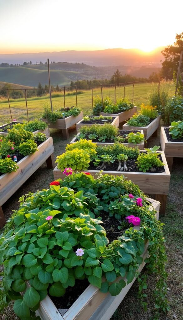 A well-lit, panoramic view of a thriving raised garden bed arrangement, with wooden planters filled with lush, healthy vegetation. The beds are elevated on sturdy frames, allowing for easy access and improved drainage. In the foreground, a variety of leafy greens, vibrant flowers, and cascading vines spill over the edges, creating a visually appealing and bountiful display. The middle ground showcases a diverse selection of herbs, vegetables, and root crops, all neatly organized and flourishing. In the background, a serene natural setting with gentle rolling hills, a clear sky, and the warm glow of a setting sun, conveying a sense of harmony and the benefits of elevated gardening.