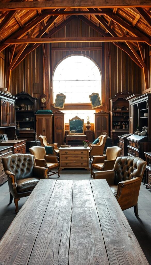 A well-lit, spacious interior of an old barn or vintage shop, showcasing an assortment of rustic, weathered furniture pieces. In the foreground, a weathered wooden table with a distressed finish, accompanied by a pair of vintage armchairs with worn leather upholstery. In the middle ground, a collection of antique dressers, cabinets, and shelves, each item exhibiting a unique patina and character. The background features a large, arched window, allowing natural light to flood the space and cast a warm, golden glow over the scene. The overall atmosphere evokes a sense of timeless charm and the allure of discovering hidden treasures in a flea market or antique shop.