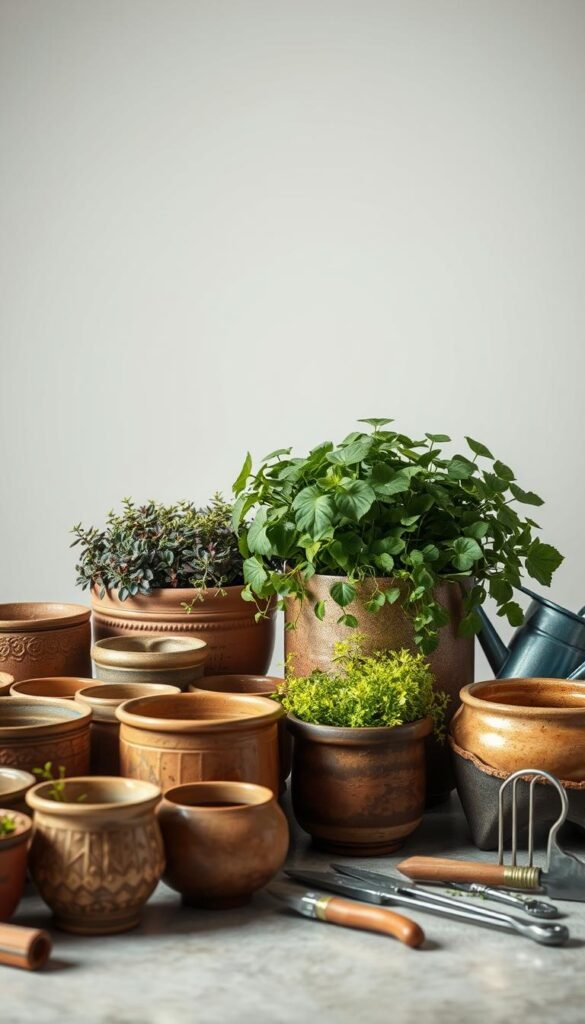 A well-lit still life showcasing an assortment of dish garden supplies. In the foreground, an array of ceramic containers in earthy tones and varying shapes and sizes, some with intricate textures and patterns. Nearby, a set of small gardening tools including a trowel, pruners, and a watering can, all arranged neatly. The middle ground features lush, vibrant foliage spilling out of the containers, creating a sense of growth and vitality. In the background, a simple, minimalist backdrop, allowing the materials to take center stage. The overall mood is one of tranquility and thoughtful preparation, inviting the viewer to envision the creation of a thriving, layered dish garden.