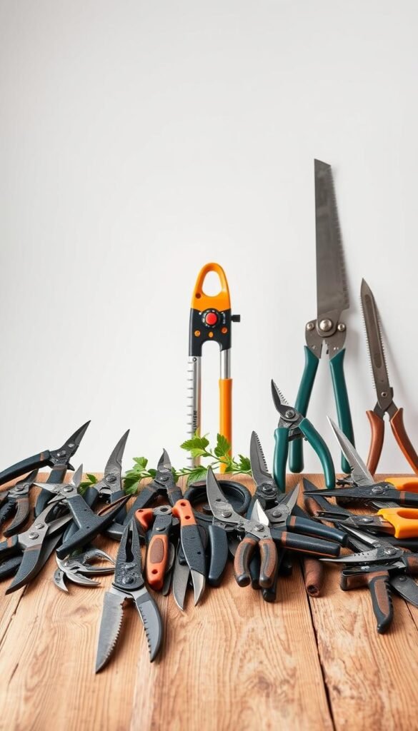 A well-lit studio setting featuring a diverse collection of pruning tools neatly arranged on a wooden surface. The foreground showcases a variety of pruners, loppers, and shears of different sizes and designs, their blades gleaming under the soft, even lighting. In the middle ground, a pair of sturdy hedge trimmers stands alongside a precision pruning saw, highlighting the range of tools necessary for effective gardening and landscaping. The background subtly blends into a neutral, clean backdrop, allowing the tools to take center stage and be the focus of attention. The overall composition conveys a sense of order, professionalism, and the importance of having the right tools for the job at hand.