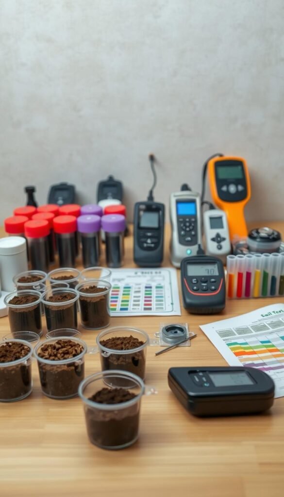 A well-lit tabletop scene showcasing an assortment of professional soil test kits. In the foreground, several soil sample containers, test tubes, and color-coded charts are neatly arranged. In the middle ground, an array of compact, hand-held soil testing devices with digital readouts. In the background, a neutral-toned backdrop, perhaps a subtle wood or stone texture, to emphasize the scientific and analytical nature of the scene. The lighting is soft and diffused, creating a sense of clarity and precision. The overall mood is one of careful examination and objective analysis, reflecting the importance of soil testing for successful gardening.