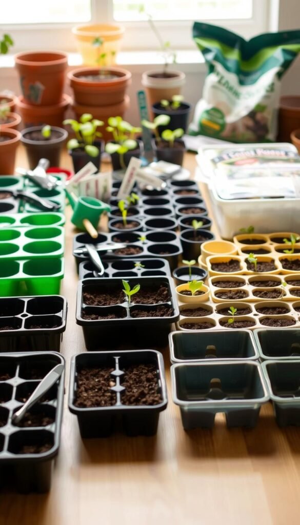 A well-lit tabletop scene showcasing an assortment of seed starting trays, pots, and gardening supplies. In the foreground, a variety of plastic and biodegradable seed trays in different sizes and shapes, some filled with potting soil and neatly arranged. In the middle ground, small plastic plant pots, seed packets, and tools like tweezers, scissors, and a small watering can. In the background, a few larger pots, a bag of seed starting mix, and a few sprouting seedlings. The lighting is soft and natural, with a warm, inviting atmosphere that highlights the textures and details of the gardening items. The camera angle is slightly elevated to provide an organized, comprehensive view of the seed starting setup.