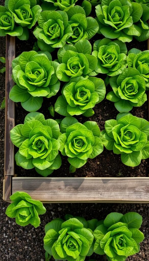 A well-lit, top-down view of a raised garden bed overflowing with lush, vibrant green lettuce plants. The bed is constructed from weathered, rustic wooden planks, elevated from the ground to showcase the thriving foliage. Soft, diffused lighting casts gentle shadows, highlighting the delicate texture of the leaves and the rich, loamy soil. The lettuce appears fresh and unblemished, with tender, curled edges and a healthy sheen. A sense of effortless growth and abundance pervades the scene, conveying the simplicity and rewarding nature of cultivating this hardy, resilient crop.