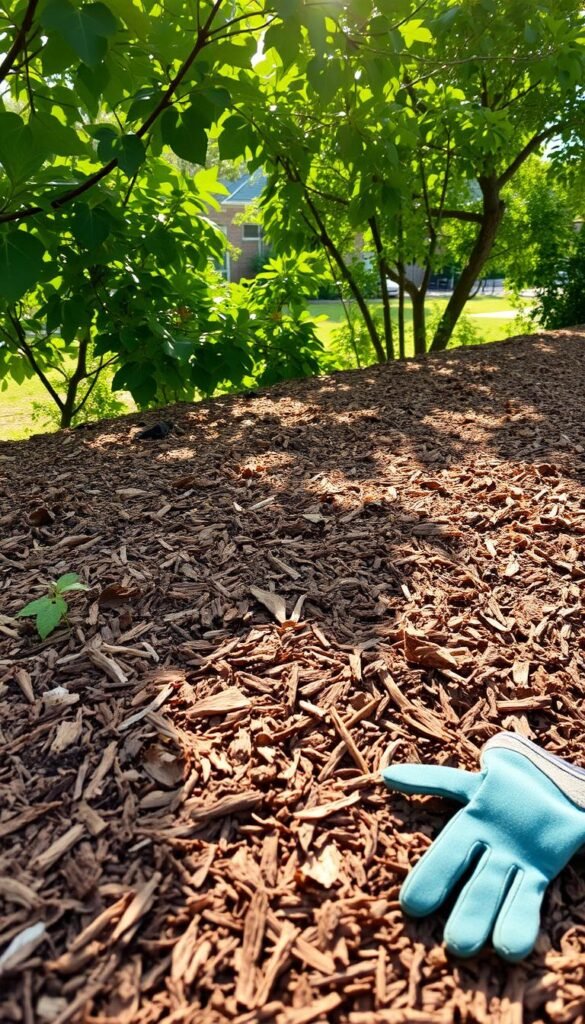 A well-manicured garden bed, the soil a rich, dark brown. Atop it, a layer of organic mulch, precisely 3-4 inches deep, evenly distributed. Sunlight filters through a canopy of lush foliage, casting a warm, natural glow. The mulch, a blend of shredded bark and wood chips, creates a cohesive, textured surface that suppresses weed growth. A pair of gardening gloves rests nearby, a testament to the hands-on care required to maintain this weed-free oasis. The scene exudes a sense of order and purpose, showcasing the effective use of mulch as a sustainable, low-maintenance solution for weed control.