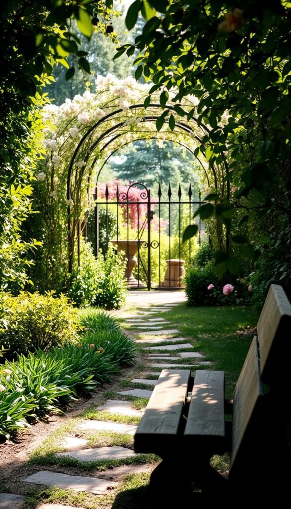 A well-manicured garden path winds through a secret hideaway, sunlight filtering through the lush foliage. In the foreground, a rustic wooden bench beckons for quiet contemplation, its weathered surface worn smooth by time. The middle ground reveals a delicate trellis, draped with cascading vines and blooming flowers, creating a sense of privacy and enchantment. In the background, a wrought-iron gate stands ajar, hinting at the mysteries that lie beyond. The overall atmosphere is one of tranquility and seclusion, a haven for the senses to discover and explore.