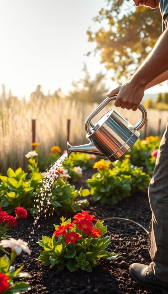 A well-manicured garden with lush foliage and vibrant flowers, the sun's warm rays gently cascading over the scene. In the foreground, a gardener expertly maneuvers a sleek, modern watering can, methodically delivering water to the thirsty plants. The middle ground features a diverse array of plants, each receiving the precise amount of moisture they require. In the background, a state-of-the-art drip irrigation system discreetly nourishes the soil, ensuring efficient and consistent watering. The overall mood is one of tranquility and efficiency, showcasing the harmonious integration of manual and automated techniques for optimal garden maintenance.