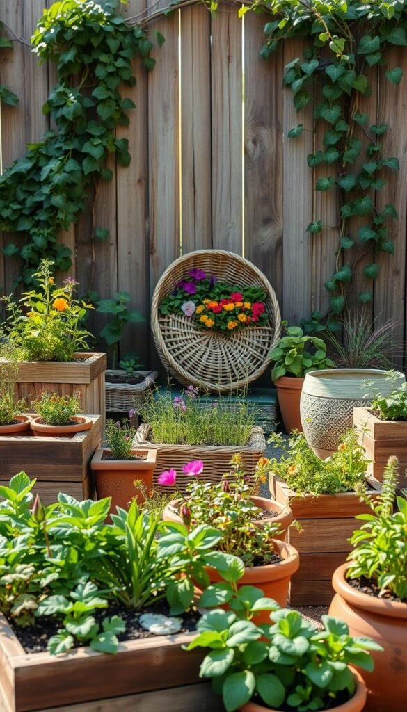 A well-organized and visually appealing garden of sustainable materials, captured in a warm, natural light. In the foreground, an array of reclaimed wood planters and earthenware pots brimming with thriving plants. In the middle ground, a woven wicker basket overflows with colorful flowers and herbs. In the background, a rustic wooden fence entwined with climbing vines frames the scene, evoking a sense of harmony between nature and human-made elements. The overall composition emphasizes the beauty and practicality of eco-friendly gardening materials, inviting the viewer to consider sustainable options for their own green spaces.