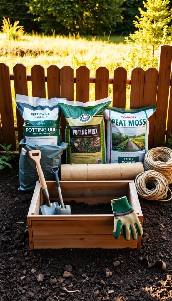 A well-organized array of gardening materials for a raised bed is artfully displayed against a natural, earthy backdrop. In the foreground, a wooden planter box, shovel, trowel, and gardening gloves sit atop a bed of rich soil. Behind them, bags of potting mix, compost, and peat moss line the middle ground, complemented by a roll of landscaping fabric and a coil of rope. In the background, a wooden fence and lush greenery create a serene, countryside ambiance, illuminated by warm, golden lighting that casts gentle shadows and highlights the textures of the materials. The overall composition conveys a sense of organized preparation for a successful raised garden bed project.