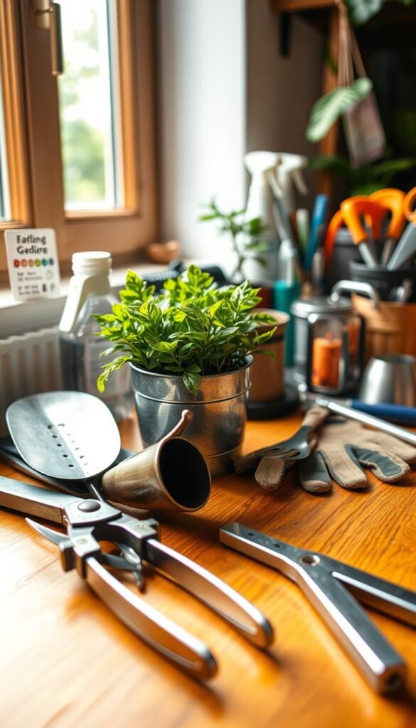 A well-organized assortment of indoor gardening tools carefully arranged on a wooden surface, bathed in warm, natural lighting from a nearby window. The foreground features a pair of pruning shears, a trowel, and a small watering can, their metallic surfaces gleaming. In the middle ground, a small plant pot with lush, verdant foliage sits alongside a pair of gardening gloves and a soil scoop. The background blends a softly-focused view of other essential items like a spray bottle, plant labels, and a pair of gardening scissors, creating a harmonious and inviting composition that captures the essence of indoor horticulture.