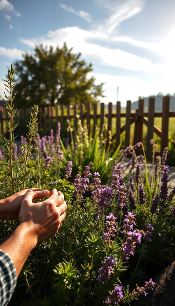 A well-tended perennial herb garden, bathed in warm, golden sunlight filtering through wispy clouds. In the foreground, a gardener's hands gently caressing the lush, fragrant foliage of thriving rosemary, thyme, and lavender plants, their vibrant green hues complemented by delicate purple and pink blooms. The middle ground showcases a variety of other perennial herbs, their varied textures and shapes creating a visually captivating tapestry. In the background, a rustic wooden fence frames the scene, hinting at the tranquil, pastoral setting. The overall mood is one of serene, nurturing care, inviting the viewer to immerse themselves in the rhythm of tending to a thriving, sustainable herb garden.