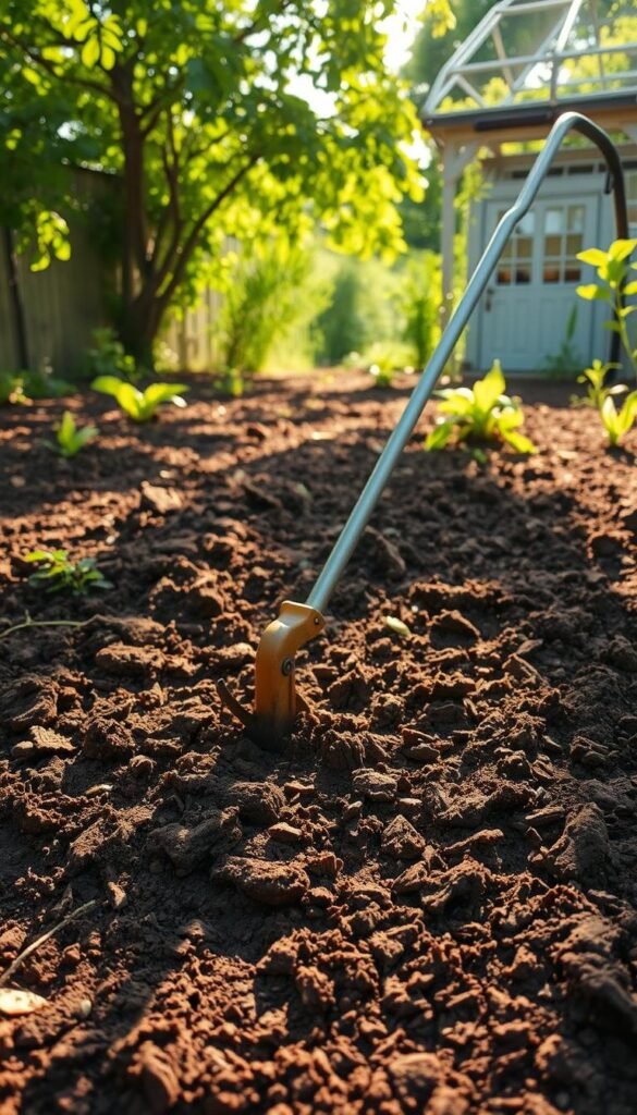 A well-tilled garden bed, soil exposed and ready for nourishment. A hand-operated cultivator breaks up the earth, loosening the surface in preparation for a thick layer of organic mulch. Sunlight filters through verdant foliage, casting a warm, golden glow over the scene. In the background, a shed or small greenhouse stands, a testament to the hard work and dedication of the home gardener. The air is filled with the earthy scent of freshly turned soil, hinting at the bountiful harvest to come. A sense of tranquility and purpose permeates the image, capturing the essence of "Preparing Your Garden Beds for Mulching."