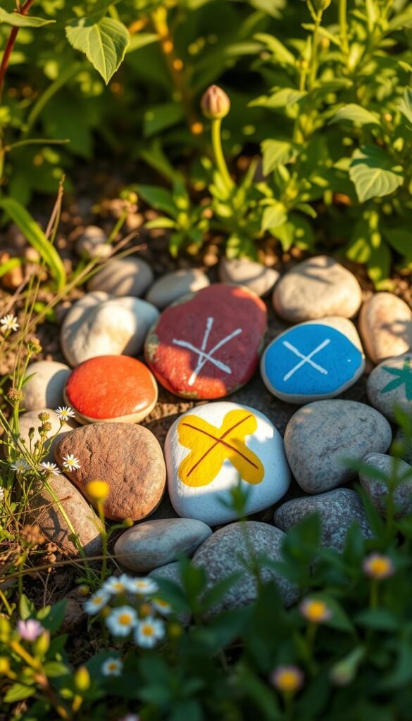 A whimsical arrangement of hand-painted tic-tac-toe rocks nestled in a lush, sun-dappled garden setting. Smooth, irregularly-shaped stones in vibrant hues of red, blue, and yellow form the iconic game board, complemented by delicate wildflowers and verdant foliage in the foreground. Warm, directional lighting casts soft shadows, creating a sense of depth and adding to the tactile, natural feel. The composition is framed by a slight angle, inviting the viewer to imagine interacting with this charming, interactive outdoor craft. An enchanting, nature-inspired scene perfect for engaging young minds in playful exploration.