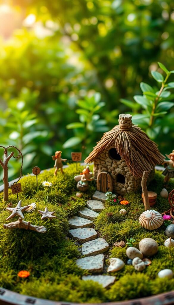 A whimsical container fairy garden, bathed in warm, soft lighting. In the foreground, a miniature stone cottage with a thatched roof, surrounded by a lush carpet of moss and tiny flowering plants. In the middle ground, a stone path winds through the garden, dotted with enchanting fairy figurines and carefully placed natural elements like driftwood, pebbles, and seashells. In the background, a backdrop of verdant foliage creates a sense of enchantment and seclusion, with hints of a distant enchanted forest. The overall atmosphere is one of tranquility, wonder, and a touch of magical realism, inviting the viewer to step into this captivating miniature world.