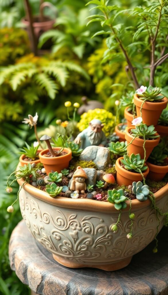 A whimsical fairy garden container, filled with delicate flowers, lush greenery, and hidden enchantments. In the foreground, a charming ceramic pot, its surface etched with intricate patterns, serves as the centerpiece. Surrounding it, an array of miniature terracotta pots, brimming with vibrant succulents and trailing vines, create a cascading display. The middle ground is dotted with delicate figurines - a tiny fairy perched atop a mushroom, a gnome peeking out from behind a mossy rock. Soft, diffused lighting casts a warm, magical glow, illuminating the scene and imbuing it with a sense of wonder. In the background, a lush, verdant backdrop of ferns and mosses completes the enchanted tableau, inviting the viewer to step into this captivating fairy-tale world.