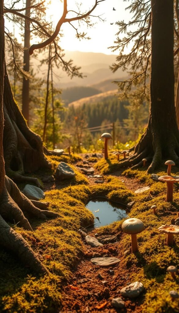 A whimsical fairy garden in a sun-dappled forest clearing, with ancient mossy stones, gnarled tree roots, and delicate mushrooms lining the path. In the middle ground, a small pond reflects the dancing shadows of fluttering butterfly wings. Distant hills and a golden sky create a serene, enchanted atmosphere. Warm, soft lighting bathes the scene, casting an ethereal glow. The camera angle is slightly elevated, inviting the viewer to step into this magical, timeless world. An air of mystery and wonder pervades the enchanted landscape, capturing the essence of fairy garden history.