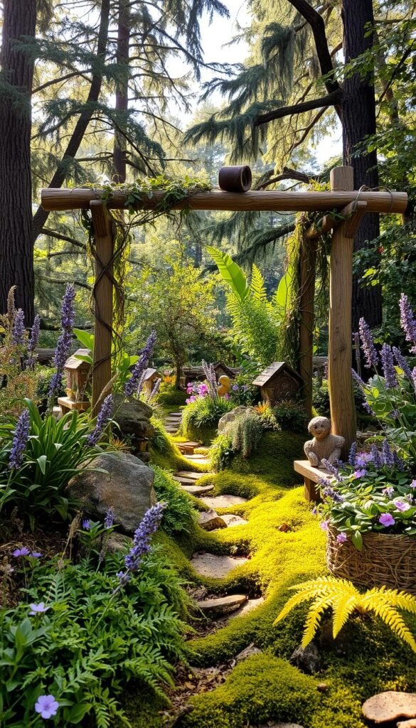 A whimsical fairy garden in soft morning light, adorned with an array of natural materials and lush botanical elements. In the foreground, a mossy pathway winds between delicate ferns, fragrant lavender, and clusters of wildflowers. Midground features a charming wooden arbor, its weathered beams entwined with cascading vines and trailing ivy. In the background, a thicket of towering trees casts dappled shadows, their leaves rustling gently. The scene exudes a sense of enchantment and wonder, inviting the viewer to step into a realm of imaginative play.