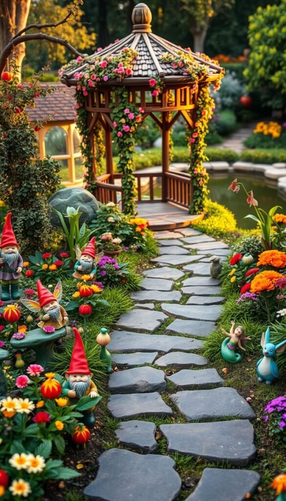 A whimsical garden filled with creative and playful themes. In the foreground, colorful gnomes, fairies, and other enchanting figurines dance among vibrant flowers and lush foliage. The middle ground features a winding stone path leading to a rustic, wooden gazebo draped in vines and flowers. In the background, a picturesque pond reflects the soft, warm lighting of the scene, creating a serene and magical atmosphere. The entire landscape is infused with a sense of wonder and imagination, inviting the viewer to step into this enchanting world. Captured with a wide-angle lens and a shallow depth of field to emphasize the dreamlike quality of the scene.