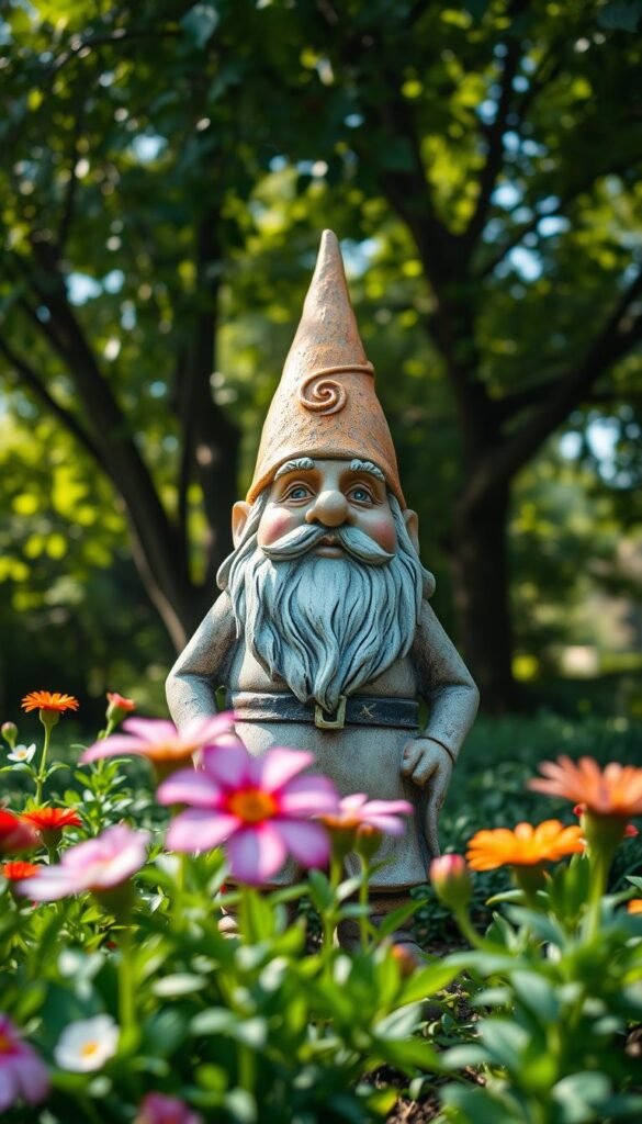 A whimsical garden gnome statue stands proudly in a lush, verdant setting. The gnome's weathered features and charming expression exude a sense of playful enchantment. Soft, dappled sunlight filters through the canopy of leafy trees, casting gentle shadows that accentuate the gnome's contours. In the foreground, vibrant flowers and verdant foliage frame the scene, creating a delightful and inviting atmosphere. The overall composition conveys a feeling of timeless wonder and a touch of mischievous delight, perfectly suited for a charming garden display.