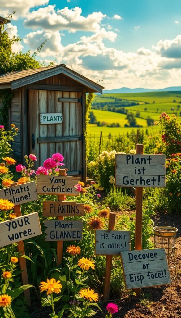 A whimsical garden scene, bathed in warm, golden sunlight. The foreground features a collection of playful, hand-painted wooden signs with amusing, plant-themed slogans and puns, scattered amidst blooming flowers and lush greenery. The middle ground showcases a rustic garden shed, its weathered facade adorned with a quirky sign. In the background, a picturesque landscape unfolds, with rolling hills, fluffy clouds, and a vibrant, verdant palette. The overall mood is lighthearted, charming, and sure to elicit smiles from the viewer.