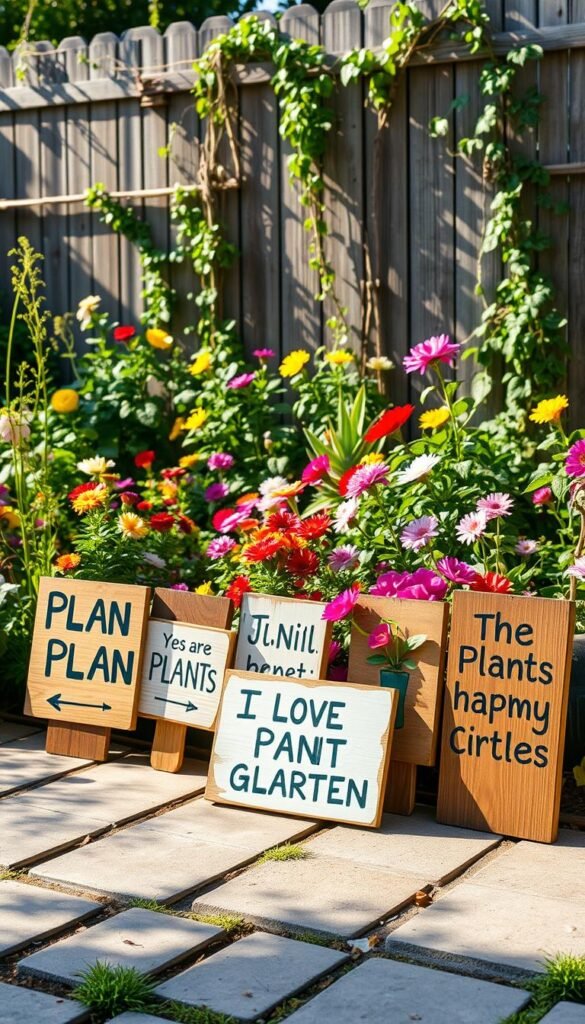 A whimsical garden scene with a variety of handcrafted wooden signs displaying quirky, tongue-in-cheek slogans. In the foreground, a row of signs with punny plant-themed messages stand propped against stone pavers, their natural wood grain and playful lettering inviting a smile. In the middle ground, a colorful array of blooming flowers and lush greenery frame the display, creating a lively and vibrant atmosphere. The background features a rustic wooden fence with trailing vines, bathed in soft, warm sunlight that casts gentle shadows across the scene, evoking a sense of charm and lightheartedness.