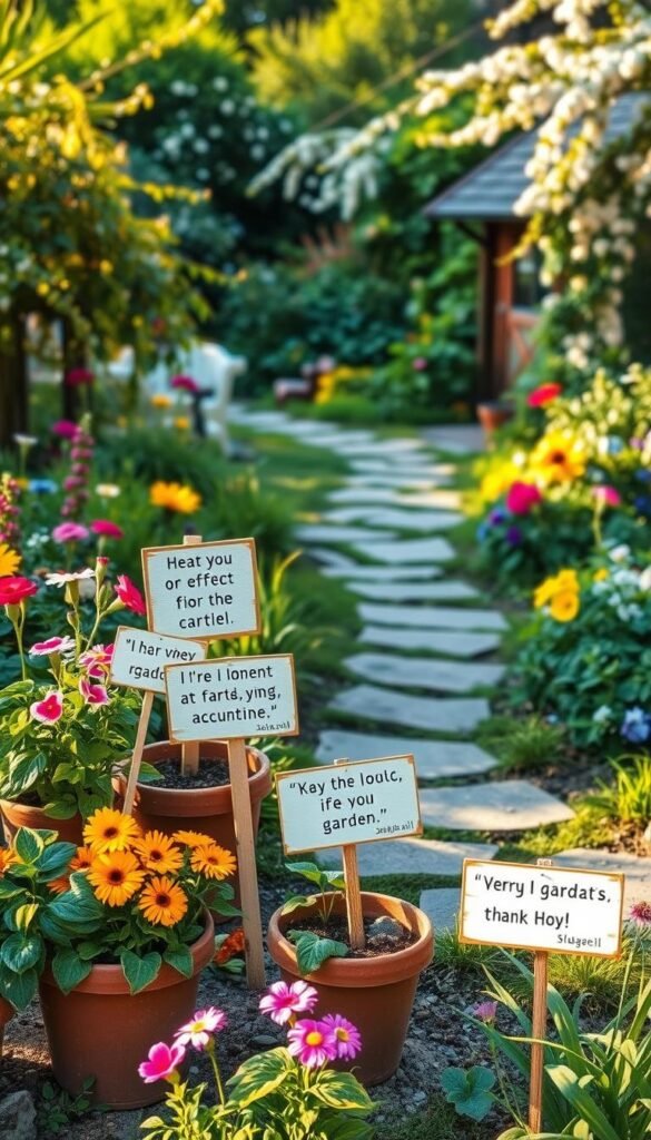 A whimsical garden scene with vibrant, blooming flowers and lush foliage. In the foreground, a cluster of potted plants adorned with humorous, hand-painted garden signs featuring playful, comedic quotes about the joys and challenges of gardening. The middle ground showcases a winding stone path leading through the verdant landscape, while the background features a charming cottage or shed, partially obscured by trailing vines and blossoming shrubs. The lighting is warm and natural, casting a golden glow over the entire scene, evoking a sense of tranquility and delight. The overall composition is balanced and visually appealing, inviting the viewer to step into this lighthearted and inspirational gardening oasis.