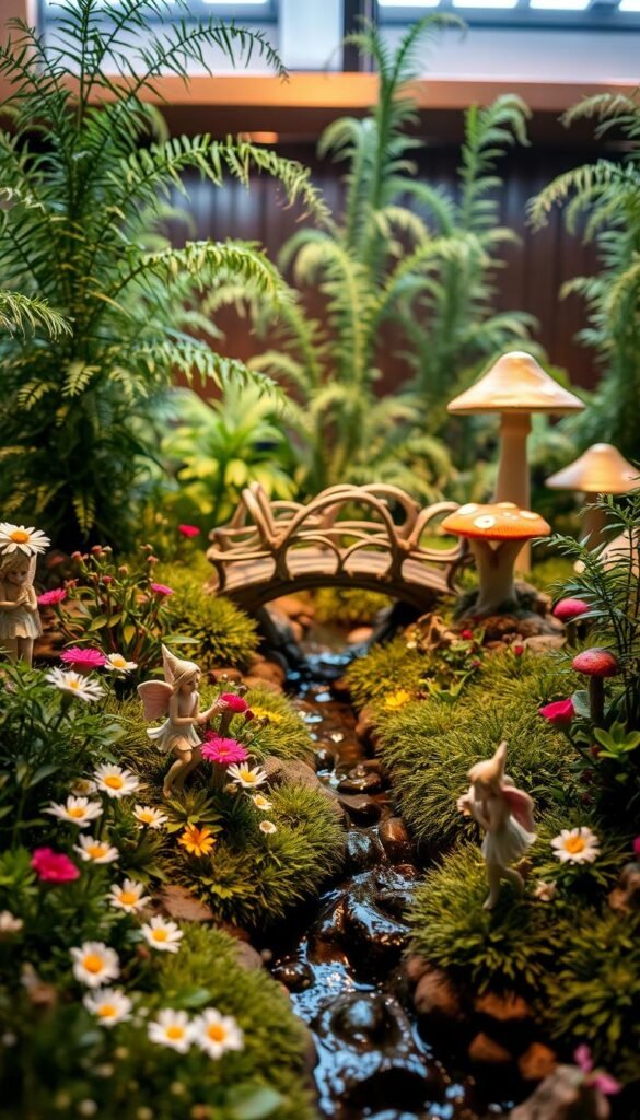 A whimsical, meticulously designed fairy garden vignette, showcasing the imagination and artistry of professional landscape designers. In the foreground, delicate fairy statues, flowers, and lush greenery create a lush, enchanting atmosphere. The middle ground features a miniature ornamental bridge and a trickling stream, while the background is filled with towering, wispy ferns and magical mushrooms. Soft, warm lighting filters through the scene, casting a dreamlike glow and emphasizing the attention to detail. The overall composition evokes a sense of wonder and invites the viewer to step into this designer-curated, fairy-tale inspired indoor oasis.
