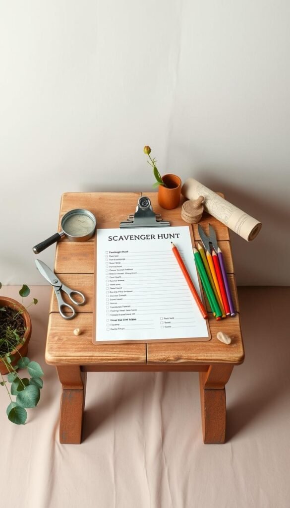 A whimsical still life featuring a rustic wooden table with a weathered appearance, set against a neutral background. On the tabletop, an assortment of garden-themed objects are artfully arranged, including a magnifying glass, a compass, a small pair of gardening shears, a rolled-up map, a set of colorful pencils, and a clipboard with a blank scavenger hunt list. The lighting is soft and natural, creating a gentle, inviting atmosphere that evokes a sense of exploration and discovery. The overall composition is balanced and visually appealing, drawing the viewer's eye to the central elements of the scavenger hunt list and its accompanying tools.