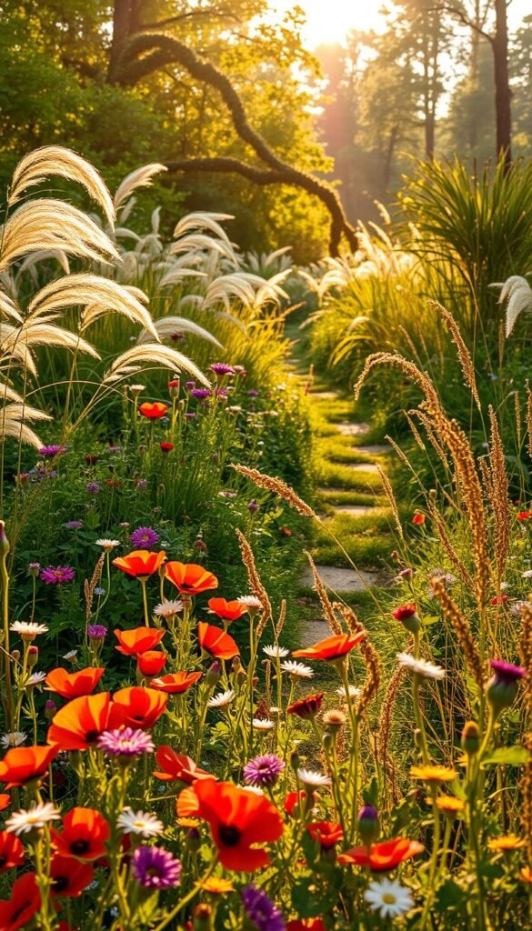 A wild, lush garden in golden hour light, bursting with vibrant, free-flowing blooms and verdant foliage. In the foreground, a cascade of untamed, colorful wildflowers - poppies, daisies, and clover swaying gently in a soft breeze. The middle ground reveals a meandering path through towering, wind-swept grasses and towering, wispy plants. In the background, a sun-dappled forest canopy casts a warm, ethereal glow over the scene. The overall atmosphere is one of untamed, natural beauty - a harmonious celebration of nature's whimsical, unrestrained spirit.
