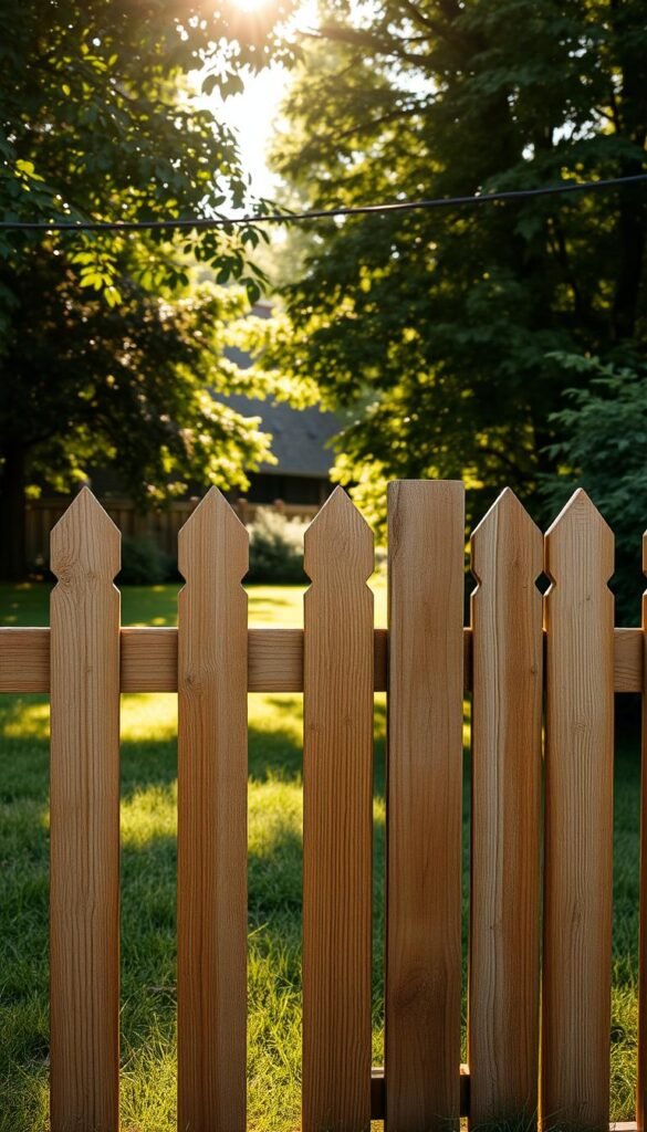 A wooden garden fence in a lush, verdant setting. The fence is composed of sturdy, horizontal wooden planks with a natural, weathered appearance, creating a rustic and charming aesthetic. The fence extends into the distance, framing a serene backyard landscape. Dappled sunlight filters through the foliage, casting warm, golden hues across the scene. The overall composition evokes a sense of tranquility and invites the viewer to imagine a peaceful, private oasis.