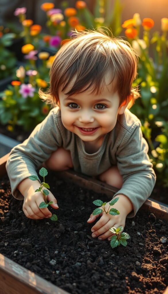 A young child, approximately 5-7 years old, enthusiastically engaged in a container garden. The child is kneeling on the ground, hands immersed in rich, dark soil, planting small seedlings with a look of pure delight. Warm, natural sunlight filters through the scene, casting a soft, golden glow. The child's face is animated, eyes wide with curiosity and a genuine smile of wonder. In the background, a small selection of vibrant, colorful flowers and vegetables in various stages of growth surround the child, creating a lush, inviting setting. The overall atmosphere is one of joyful discovery, nurturing a child's innate connection to nature and the joy of gardening.