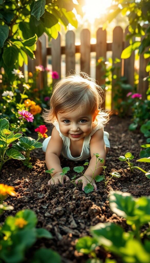 A young child eagerly explores a lush, sun-dappled garden, their hands digging playfully in the rich, loamy soil. Vibrant flowers and verdant vegetables surround them, creating a sense of wonder and discovery. Warm afternoon light filters through the leaves, casting a gentle glow over the scene. The child's face is alight with excitement, their eyes wide with the thrill of nurturing their own small patch of green. In the background, a sturdy wooden fence frames the garden, hinting at the promise of more adventures to come. The overall atmosphere is one of joy, curiosity, and the pure delight of connecting with nature.
