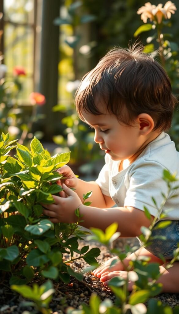 A young child, with a curious expression, intently observing a lush, verdant plant in a well-lit, natural setting. The child is kneeling on the ground, their hands gently touching the leaves, exploring the textures and colors. Soft, warm sunlight filters through the surrounding foliage, creating a serene and inviting atmosphere. In the background, additional plants and flowers can be seen, adding depth and a sense of a thriving, vibrant garden. The image captures the essence of a child's natural fascination with the living world, encouraging thoughtful engagement and a deeper understanding of the natural environment.