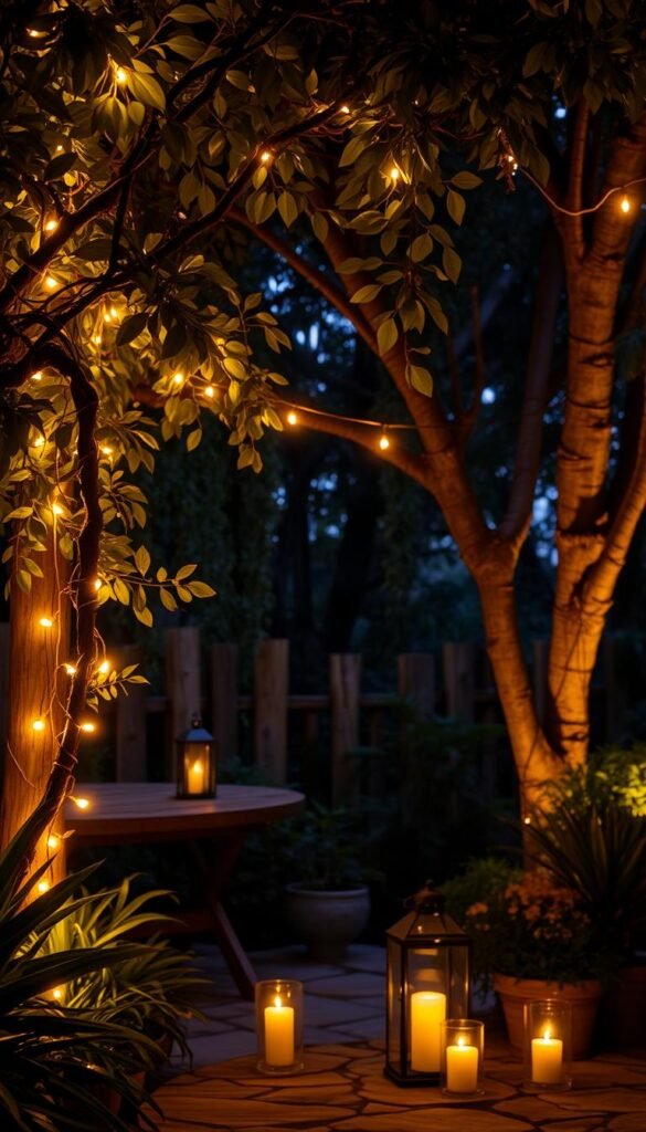Ambient lighting for an enchanting outdoor space: A captivating garden scene bathed in a warm, soft glow. Delicate string lights elegantly draped across lush foliage, casting a magical ambiance. Strategically placed lanterns and candles flicker, illuminating the natural textures of weathered wood and stone. Subtle uplighting highlights the graceful silhouettes of swaying trees, creating an alluring, mystical atmosphere. A cozy, intimate setting perfect for relaxation and entertaining, inviting you to bask in the tranquility of the great outdoors.