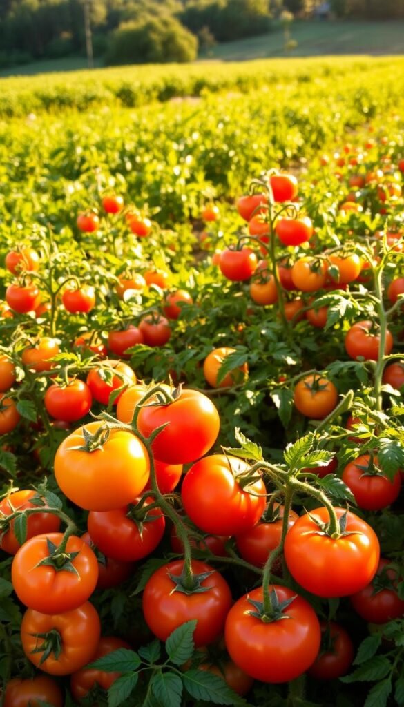 An abundant garden brimming with thriving tomato plants, their plump, glossy fruits in vibrant hues of red, orange, and yellow. The scene is bathed in warm, golden sunlight, casting soft shadows and highlighting the plants' verdant foliage. In the foreground, several beginner-friendly tomato varieties are prominently displayed, their unique shapes and sizes showcased in an inviting, naturalistic arrangement. The middle ground features a mix of larger, established plants alongside the newcomers, creating a sense of growth and progression. In the background, a lush, verdant landscape extends, hinting at the potential for a bountiful harvest. The overall atmosphere is one of tranquility, nourishment, and the rewarding experience of growing your own tomatoes, even for the most novice of gardeners.