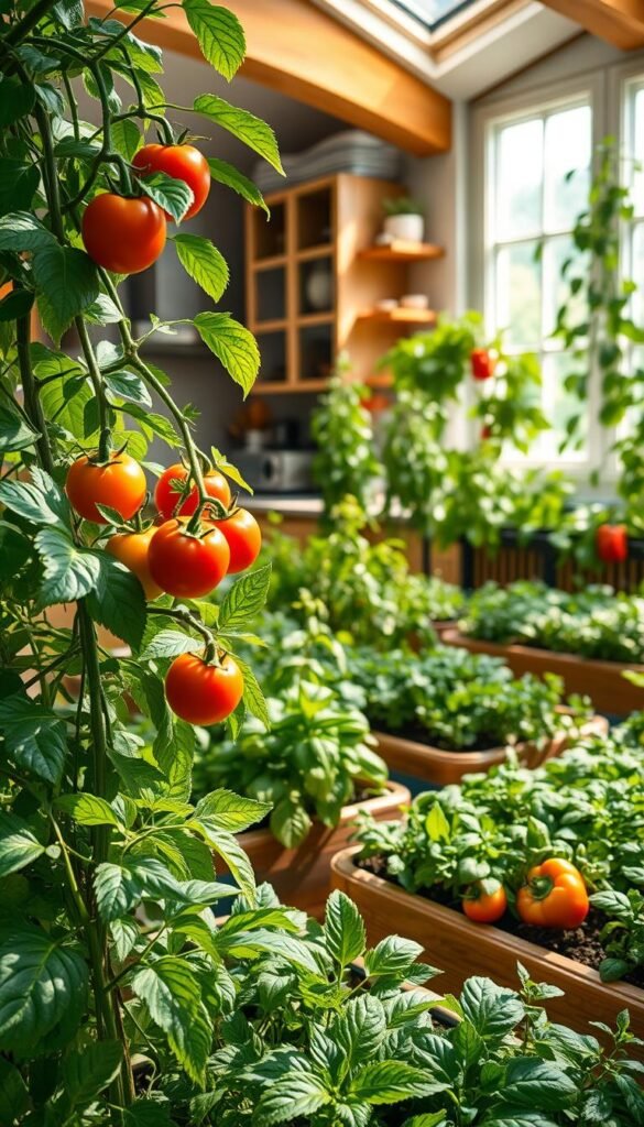 An airy, well-lit indoor kitchen garden, with lush green plants thriving under natural sunlight filtering through large windows. In the foreground, healthy tomato vines bearing ripe, juicy fruits, along with vibrant pepper plants bursting with colorful peppers. In the middle ground, a variety of leafy greens, herbs, and other edible plants neatly arranged in raised planter beds. The background features a cozy, inviting kitchen interior, with wooden accents and natural textures, creating a harmonious, organic atmosphere. The lighting is soft and diffused, highlighting the vivid colors and textures of the plants, conveying the tranquil, nurturing environment of an indoor kitchen garden.
