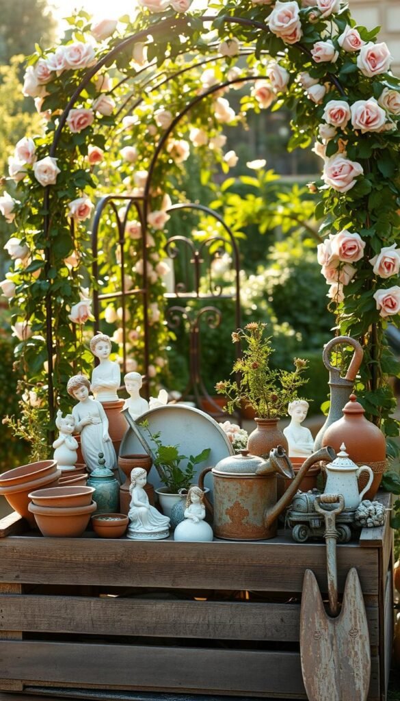 An antique wooden crate overflows with a bountiful assortment of vintage garden treasures: weathered terracotta pots, delicate porcelain figurines, a rusted watering can, and a well-worn gardening trowel. Sunlight filters through a lattice of trailing vines, casting a warm, golden glow over the scene. In the background, a wrought-iron garden arch covered in blooming roses frames the display, creating a charming, time-worn vignette. The overall atmosphere is one of nostalgia and the quiet beauty of forgotten things rediscovered, perfectly capturing the essence of "shabby chic" garden decor.