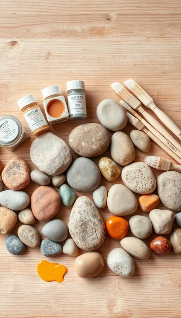 An assortment of eco-friendly art supplies for rock painting, including organic plant-based paints in earthy hues, handmade natural brushes, and a variety of smooth river stones arranged on a wooden surface. Soft, diffused lighting illuminates the scene, highlighting the natural textures and colors. The overall composition conveys a serene, artisanal vibe, perfect for a creative DIY activity with young children in a sustainable, nature-inspired setting.