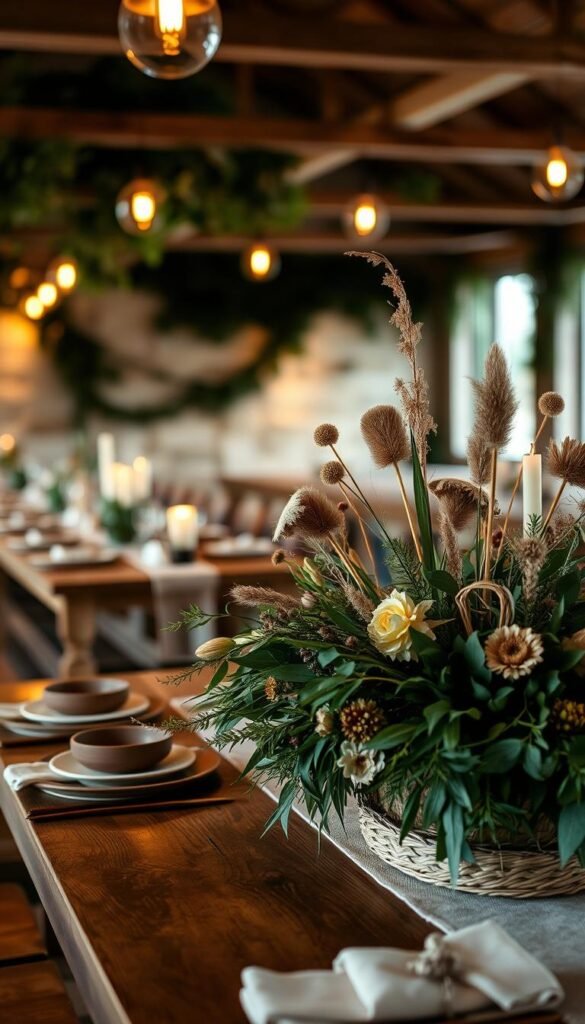 An earthy, nature-inspired wedding decor palette with a rustic, organic feel. In the foreground, a beautifully arranged centerpiece featuring lush greenery, dried flowers, and woven elements like rattan or twine. In the middle ground, wooden tables with simple, minimal place settings - earthenware plates, cloth napkins, and natural wooden cutlery. The background showcases a warm, ambient lighting, perhaps from candles or Edison bulbs, casting a cozy glow over the scene. The overall atmosphere is one of understated elegance, where the beauty of the natural world takes center stage. Captured with a wide-angle lens to showcase the entire tablescape, the image should evoke a sense of tranquility and harmony.