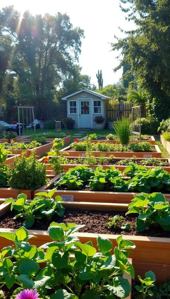 An elegant garden layout with neatly arranged raised beds, designed for efficient crop rotation. The beds are constructed with natural wood, nestled among lush greenery and vibrant flowers. Sunlight filters through the canopy, casting a warm, golden glow over the scene. In the foreground, healthy vegetable plants thrive, their leaves gently swaying in the breeze. The middle ground features a variety of crops, strategically positioned to optimize nutrient cycling and pest management. In the background, a picturesque shed or shed-like structure provides a charming focal point, complementing the overall natural aesthetic. The entire composition exudes a sense of harmony, order, and the joy of sustainable gardening.