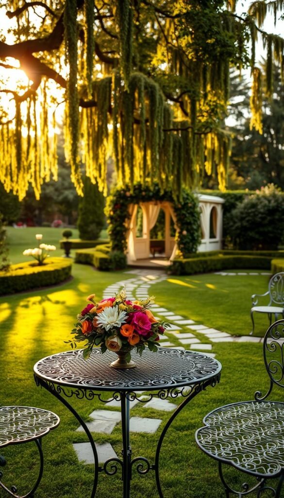 An elegant garden setting, with a lush, manicured lawn and a winding stone path leading to a charming gazebo draped in cascading vines. The sunlight filters through the canopy of mature trees, casting a warm, golden glow over the scene. In the foreground, a vibrant floral arrangement adorns a ornate wrought-iron table, inviting guests to gather and enjoy the serene atmosphere. Delicate patio furniture, strategically placed throughout the space, creates an inviting ambiance for outdoor dining and conversation. The overall composition exudes a sense of refined sophistication, setting the stage for a memorable garden party.
