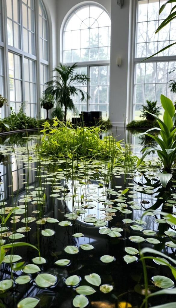 An elegant indoor water garden, illuminated by soft natural light filtering through large windows. In the foreground, delicate floating plants with slender stems and lush foliage gently drift across the still, reflective surface. In the middle ground, lush oxygenating plants sway gracefully, their submerged leaves creating an intricate underwater scene. Along the edges, marginal plants with broad, verdant leaves emerge from the water, framing the tranquil composition. The overall mood is one of serenity and natural beauty, inviting the viewer to immerse themselves in this serene aquatic ecosystem.
