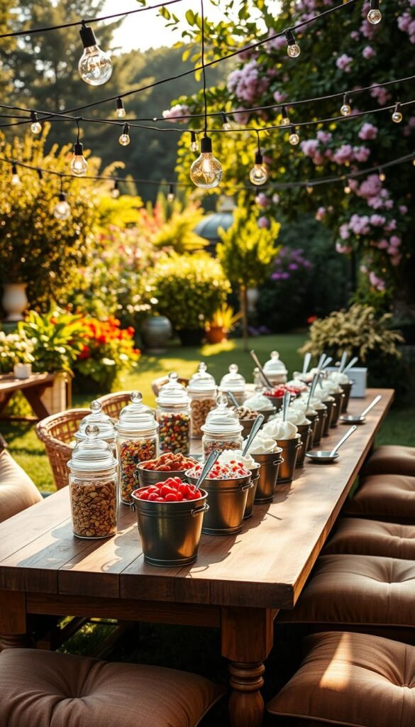 An elegant outdoor ice cream sundae bar set up in a lush garden, bathed in warm, golden afternoon light. A long wooden table is adorned with jars of colorful toppings - chopped nuts, sprinkles, whipped cream, maraschino cherries. An assortment of classic ice cream flavors are displayed in vintage-inspired metal buckets, each one with a corresponding serving spoon. Plush cushions in earthy tones line the table, inviting guests to relax and indulge. Hanging above, festive string lights cast a magical glow, while a backdrop of blooming flowers and verdant foliage completes the enchanting, al fresco scene.