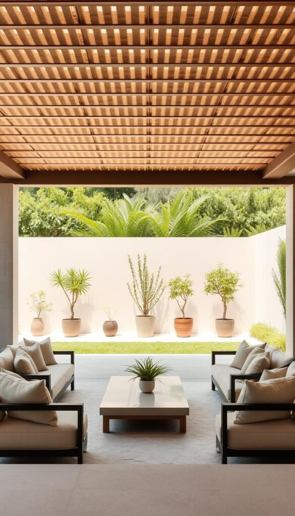 An elegant outdoor room with a modern, minimalist design. In the foreground, a cozy seating area with plush, neutral-toned sofas and chairs arranged around a low, sleek coffee table. Overhead, a slatted wood pergola casts a warm, natural light throughout the space. In the middle ground, potted plants and small trees add pops of greenery, while a stone or tile floor grounds the scene. In the background, high walls or fencing create a sense of privacy and enclosure, while allowing glimpses of the lush, verdant garden beyond. The overall atmosphere is one of calm, sophisticated relaxation, with clean lines, natural materials, and a harmonious color palette.