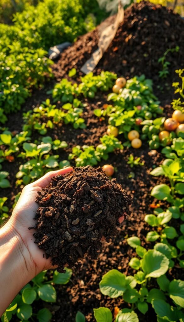 An expansive, lush garden bed filled with verdant vegetation, rich soil, and thriving plants. In the foreground, a handful of fertile soil is being gently sifted, revealing its dark, crumbly texture and abundance of organic matter. The middle ground showcases a variety of leafy greens, vibrant herbs, and plump vegetables, all basking in the warm, golden sunlight. In the background, a healthy, sprawling compost pile emits wisps of steam, symbolizing the continuous cycle of nutrient replenishment. The scene exudes a sense of harmony and abundance, conveying the importance of maintaining optimal soil health for a productive backyard vegetable garden.